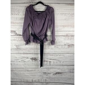 Victor Costa Shirt Women's Medium Purple Ruffle Rosette Peplum Sheer Top Belted